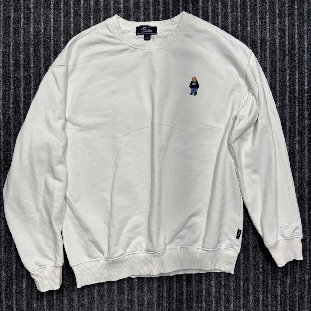 WHO.A.U Women's Steve Bear Sweatshirt SMALL White Embroidered Crewneck Pullover